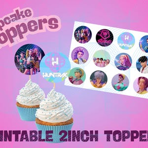 May include: Printable 2-inch cupcake toppers with a pink and purple background. The image features two cupcakes with toppers and a sheet of additional toppers. The toppers have images of a group of people and the text "HUNTRAX". The text "cupcake toppers" and "PRINTABLE 2INCH TOPPERS" are also visible.