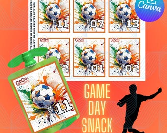 編集可能な GoGo Squeeze テンプレート | サッカー テーマ サッカー ママ スナック パック サッカー PNG スナック ラベル 印刷可能なスナック サインアップ スポーツ パーティー ギフト