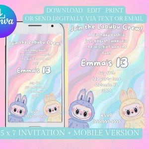 以下が含まれることがあります： 「Join the Labubu Crew!」と「Emma's 13」のテキストが入ったデジタル招待状のデザイン。漫画のウサギのキャラクターとカラフルなパステルカラーの背景が含まれています。招待状は5x7インチのフォーマットとモバイルバージョンで利用できます。