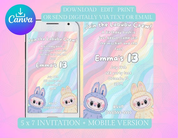 Editable Labubu Invitation, Printable Labubu Party invitation, Labubu birthday party, personalized invitation, digital invitation, custom
