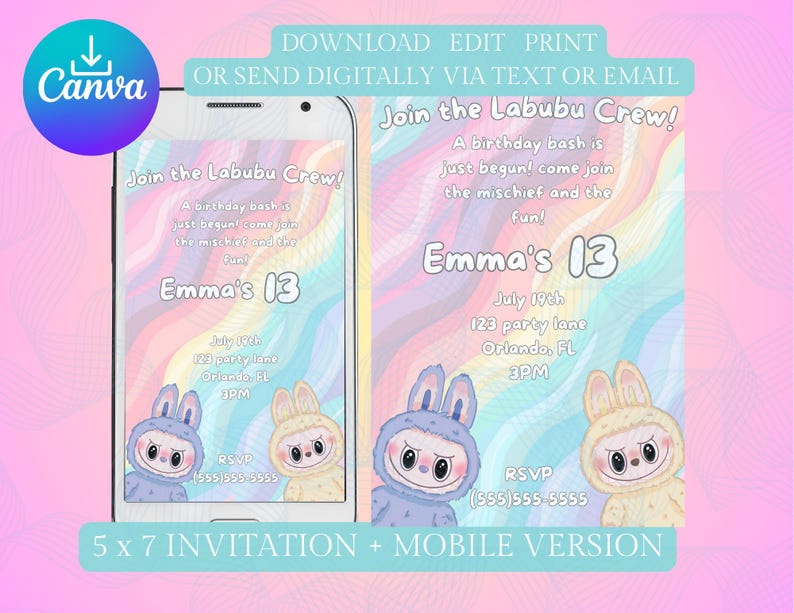 以下が含まれることがあります： 「Join the Labubu Crew!」と「Emma's 13」のテキストが入ったデジタル招待状のデザイン。漫画のウサギのキャラクターとカラフルなパステルカラーの背景が含まれています。招待状は5x7インチのフォーマットとモバイルバージョンで利用できます。