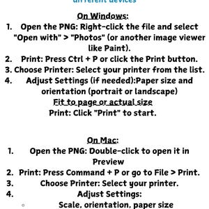 以下が含まれることがあります： WindowsとMacデバイスでPNGファイルを印刷する方法に関する指示が記載された白いグラフィック。テキストには、開く、印刷、設定を調整する手順が含まれており、上部に「Printing a PNG file is simple!」というフレーズがあります。
