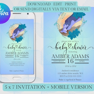 Puede incluir: Una invitación de baby shower azul y blanca con una ilustración de dibujos animados de un elefante azul y un bebé elefante. La invitación dice "Por favor, únase a nosotros para una baby shower en honor a Amber Adams, sábado 16 de abril, de 3PM a 5PM, Residencia de Amber, 123 amber drive seattle, WA, RSVP al (555)-555-5555, Amber está registrada en Amazon".