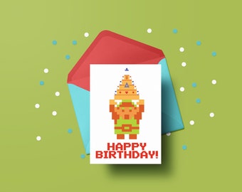 Carte d'anniversaire de jeu vidéo - Lien - Carte d'anniversaire mignonne - 8 Bits - Carte pour ami - Carte pour petit ami et petite amie - Nerdy - Carte TLOZ