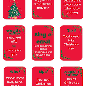 May include: A set of red Christmas-themed game cards with white text and green holly accents. The cards feature phrases like "Santa's Sip-Off," "Give a drink," and "Would u rather." Perfect for holiday gatherings.