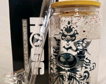 Jack Skellington and Zero " No F@%#s Given" 16 oz glitter snow globe tumbler