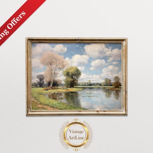 20th European Muted Lake Painting | Neutral Landscape | Printable Digital Download
