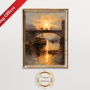 European Vintage Painting Wall Art | River Scene and sunset   | Printable Digital Download