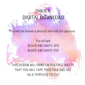 Pu&ograve; includere: Grafica per download digitale con testo su sfondo acquerello. Il testo recita "THIS IS A DIGITAL DOWNLOAD" e spiega la natura digitale del prodotto, inclusi i tipi di file e le istruzioni di stampa.