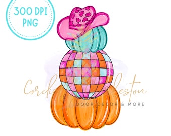 May include: A stack of three pumpkins decorated with a pink and white checkered pattern, a turquoise pumpkin, and a pink cowboy hat with white spots. The pumpkins are on a white background.
