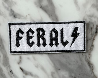 Feral Lightning Bolt Iron On Patch, Black White Edgy Jacket Applique