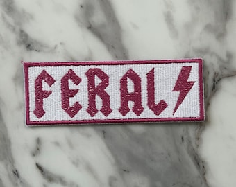 Feral Lightning Bolt Embroidered Patch, Pink White Edgy Jacket Applique