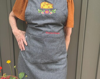 Always Cheesin Embroidered Apron, Funny Swiss Cheese Kitchen Apron, Folk Art Floral Cooking Apron, Foodie Gift for Her
