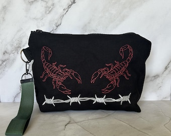 Embroidered Scorpion Barbed Wire Makeup Bag – Edgy Punk Cosmetic Pouch Wristlet
