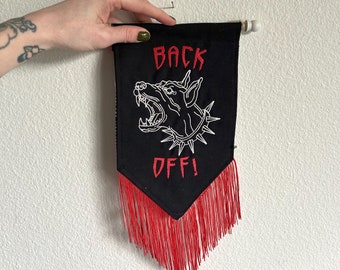Embroidered Doberman Pennant Banner, "Back Off" Wall Hanging, Punk Decor, Pom Pom Fringe