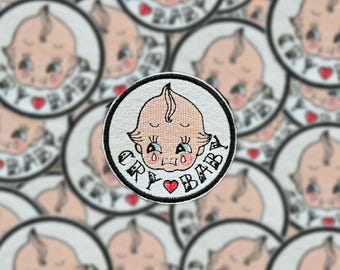 Cry Baby Tattoo Style Embroidered Patch, Edgy Jacket Applique