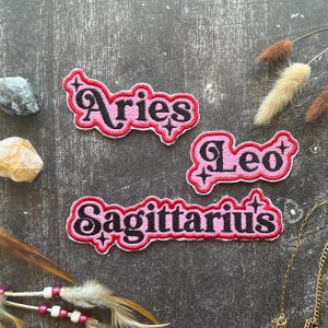 Fire Signs Zodiac Embroidered Iron On Patch Set, Pink Red Sagittarius Patches