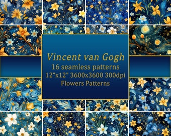 Vincent van Gogh, Naadloos patroon, Patroon, Bloemen digitaal papier, Bloemmotief, Aquarel digitaal papier, Commercieel gebruik