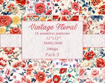 Vintage naadloze bloemmotief, vintage botanische digitale papier, bloemmotief achtergrond, bloemrijke patronen, aquarel bloemen, Pack 3