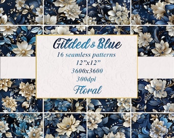 Verguld en blauw digitaal papier, naadloos patroon, patroon, bloemen digitaal papier, bloemmotief, digitaal bloemenpapier, commercieel gebruik