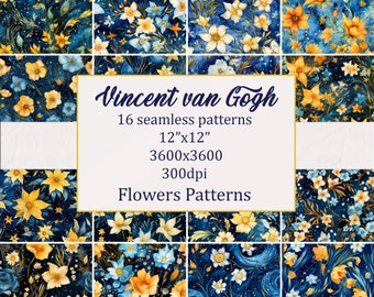 Vincent van Gogh, Naadloos patroon, Patroon, Bloemen digitaal papier, Bloemmotief, Aquarel digitaal papier, Commercieel gebruik