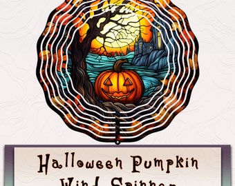 16 Halloween-pompoenwindspinner, herfst Halloween-windspinner, rond glas-in-loodontwerp, hangende spinners voor buiten