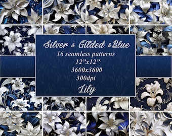 Zilver en blauw, naadloos patroon, leliepatroon, bloemenpatroon, bloemen digitaal papier, bloemmotief, digitaal bloemenpapier, commercieel gebruik