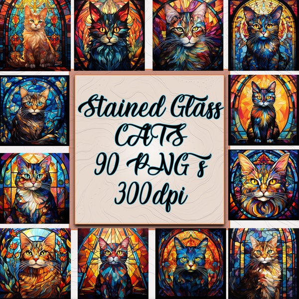 90 Stained Glass Cats Clipart, 90 Stained Glass Cats Digital Papers, Fantasy clip art graphics and collage sheets