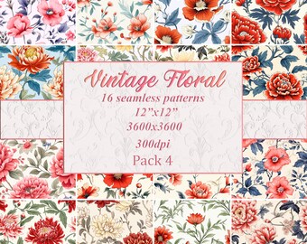 Vintage naadloze bloemmotief, Vintage botanische digitale papier, bloemmotief achtergrond, bloemrijke patronen, aquarel bloemen, Pack 4