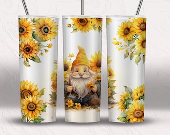 Aquarel Zonnebloem Gnome 20 oz Skinny Tumbler Sublimatie Design Digitale Download PNG Instant ALLEEN DIGITAAL, Gnome Tumbler
