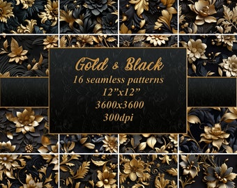 Goud en zwart 3D naadloos patroon, patroon, bloemen digitaal papier, bloemmotief, bloemenpatroon, bloemen digitaal papier, commercieel gebruik