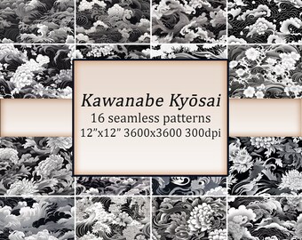 Kawanabe Kyōsai naadloos patroon, zwart-wit, Japanse prenten, Japanse achtergrond, patronen, commercieel gebruik