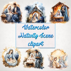 40 akwarelowych szopek clipart, pakiet clipartów religijnych