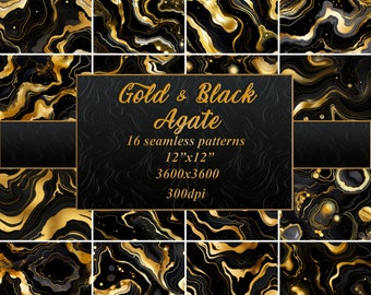 Goud en zwart naadloos patroon, Luxe patroon, Marmeren digitaal papier, Marmeren patroon, Agaatpatroon, Agaat digitaal papier, Commercieel gebruik