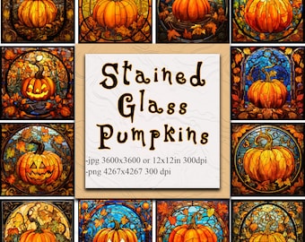 80 gebrandschilderd glas pompoenen clipart, 80 gebrandschilderd glas pompoen digitale papers, Fantasy clip art graphics en collage vellen