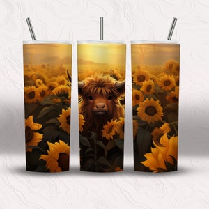 Watercolor Sunflower Highland Cow 20 oz Skinny Tumbler Sublimation Design Digital Download PNG Instant DIGITAL ONLY,  Highland Cow Tumbler