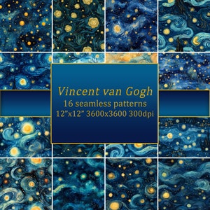 Vincent van Gogh, Patrón sin costuras, Papel digital Galaxy star, Patrón de cielo, Patrón de noche estrellada, Papel digital de acuarela, Uso comercial