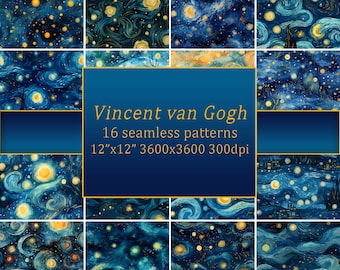 Vincent van Gogh, Naadloos patroon, Galaxy star digitaal papier, Sky patroon, Sterrennacht patroon, Aquarel digitaal papier, Commercieel gebruik