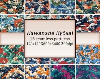 Kawanabe Kyōsai naadloos patroon, Japanse prenten, Japanse achtergrond, patronen, commercieel gebruik