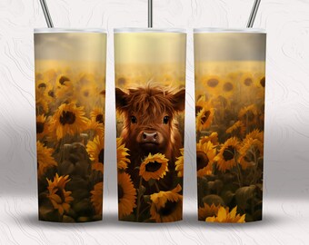 Aquarel Zonnebloem Highland Cow 20 oz Skinny Tumbler Sublimatie Design Digitale Download PNG Instant ALLEEN DIGITAAL, Highland Cow Tumbler