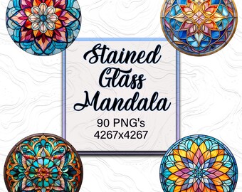 90 Gebrandschilderde Mandala Clipart Bundel, Fantasy Clip Art PNG Bundel met transparante achtergrond voor Scrapbooking en Junk Journals