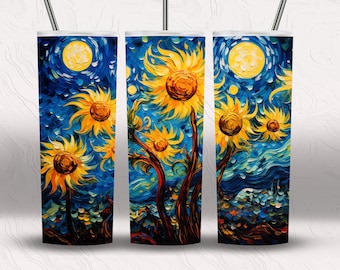 Zonnebloem Van Gogh Style 20 oz Skinny Tumbler Sublimatie Design Digitale Download PNG Instant ALLEEN DIGITAAL, Zonnebloem Tumbler