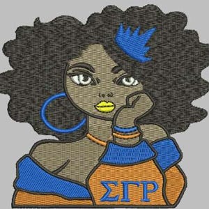 May include: An embroidered design of a woman with dark skin, curly black hair, and blue accessories. She wears blue hoop earrings, a blue crown, and a blue and orange top with Greek letters. Her lips are yellow, and she rests her chin on her hand.