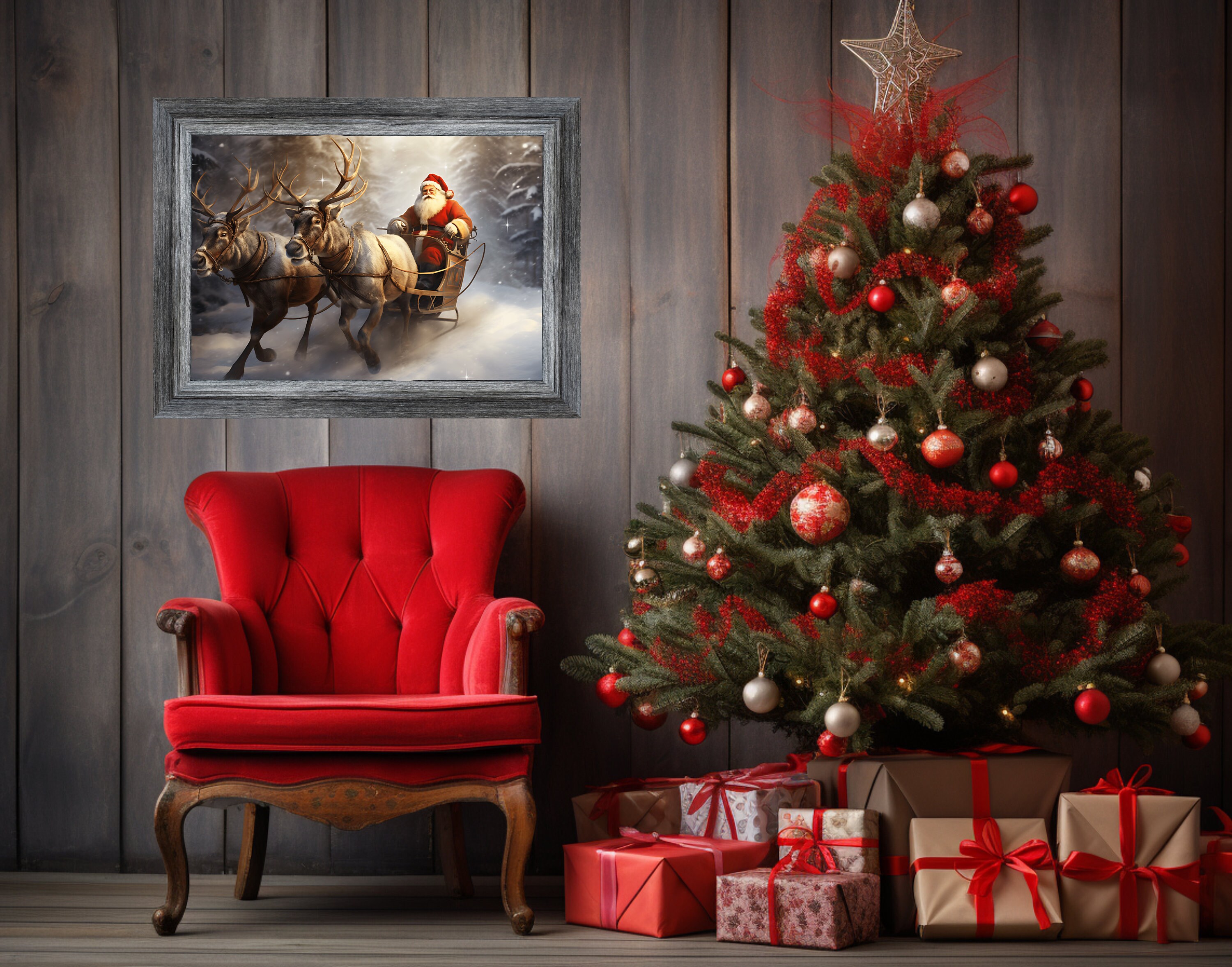 Santa Clause Wall Art, Reindeer Wall Decor, Vintage Santa Print