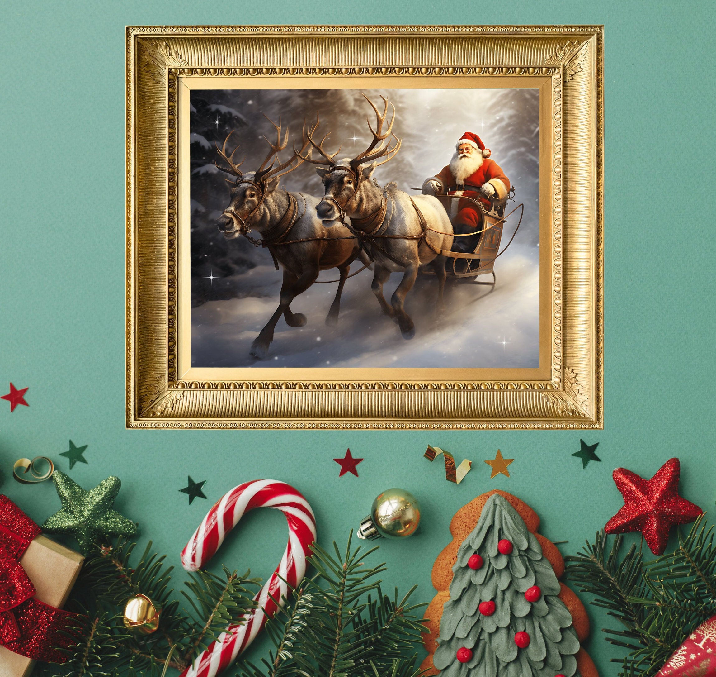 Santa Clause Wall Art, Reindeer Wall Decor, Vintage Santa Print