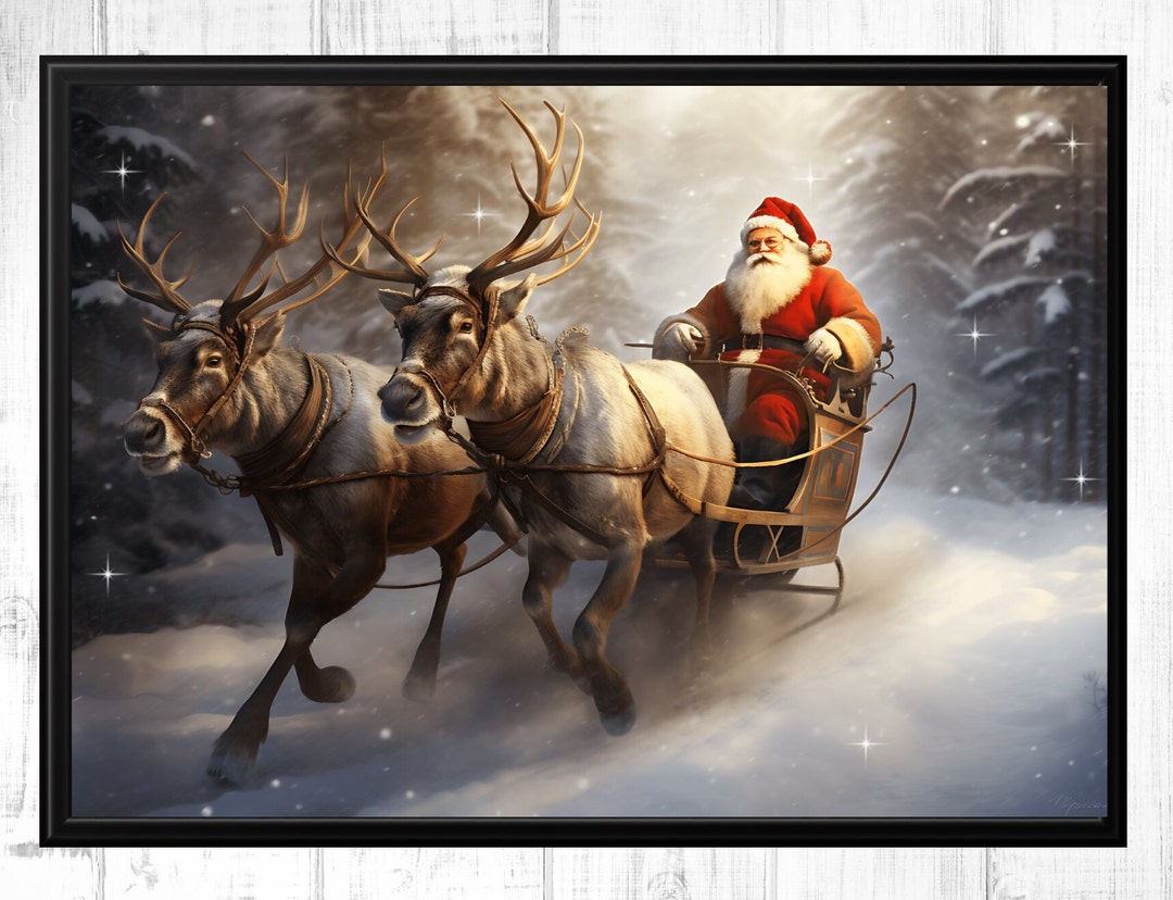 Santa Clause Wall Art, Reindeer Wall Decor, Vintage Santa Print