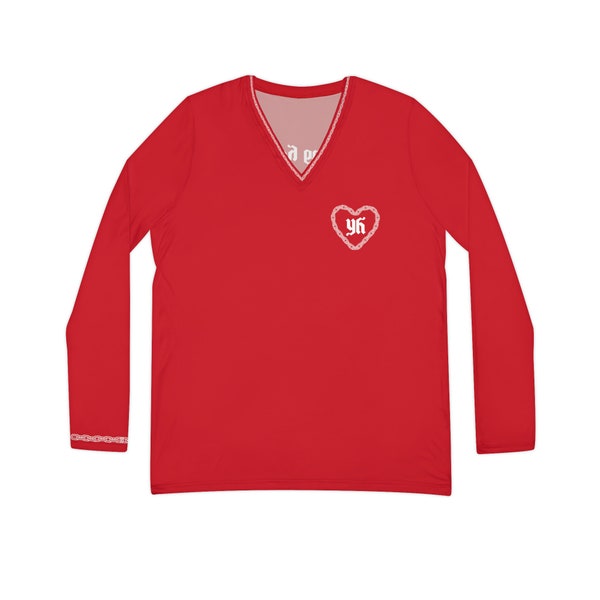 Young Hearts Co. Chained Women's Long Sleeve V-neck Shirt Red