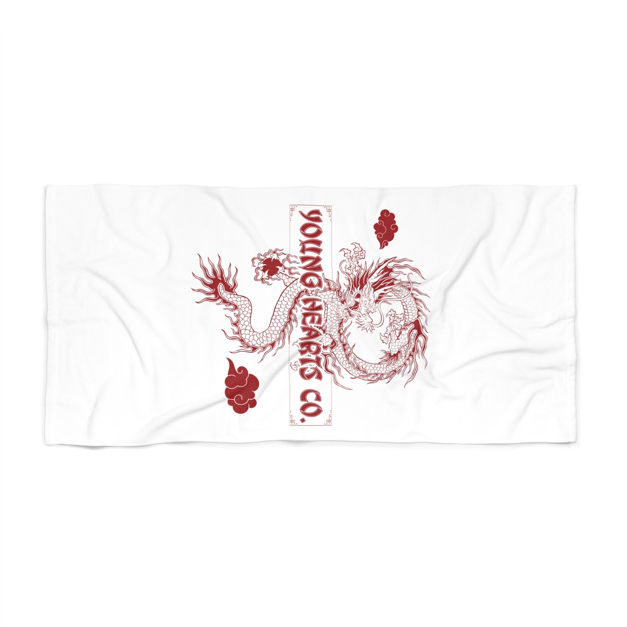 Young Hearts Co. Dragon Slayer red print Beach Towel White, Dragon, Tattoo, Oriental, Pop Art, 90's, Streetwear, Teens, Street Fashion, OOTD