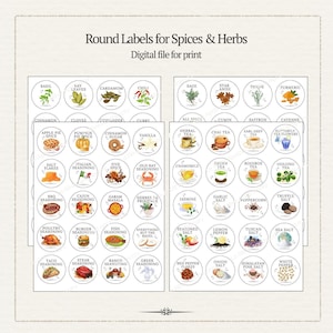 Puede incluir: Una impresi&oacute;n digital con etiquetas redondas para especias y hierbas. Las etiquetas incluyen nombres como albahaca, canela y c&uacute;rcuma, con ilustraciones. El texto "Round Labels for Spices & Herbs" y "Digital file for print" est&aacute; en la parte superior.