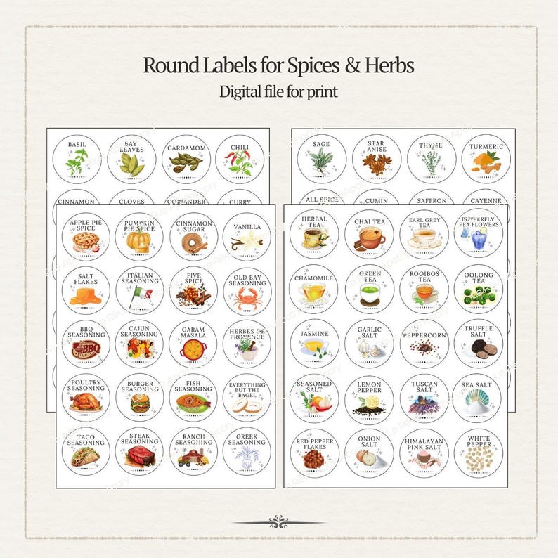 Puede incluir: Una impresi&oacute;n digital con etiquetas redondas para especias y hierbas. Las etiquetas incluyen nombres como albahaca, canela y c&uacute;rcuma, con ilustraciones. El texto "Round Labels for Spices & Herbs" y "Digital file for print" est&aacute; en la parte superior.